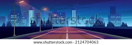 Road to night city, empty highway with glowing street lamps and skyline with urban architecture. Megalopolis infrastructure with modern skyscrapers under dark starry sky, Cartoon vector illustration