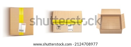 Empty cardboard boxes, brown carton package with yellow adhesive tape and stickers. Vector realistic mockup of top view of open and closed crates for fragile cargo isolated on white background