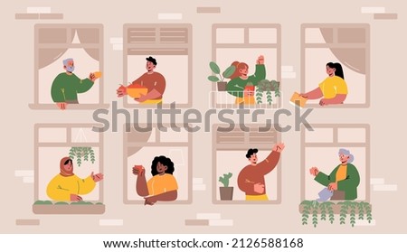 People in windows, friendly neighbors men and women at their home apartments communicate, chatting, spend time with reading, treat each other, care of plants, drink coffee Line art vector illustration