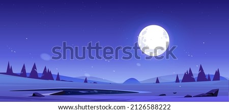 Cartoon night nature landscape full moon shining in sky with stars above field with pond, conifer trees and rocks. Dark heaven with moonlight romantic fantasy background, midnight twilight vector view