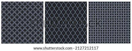 Metal net seamless patterns. Textures of iron grid, steel mesh from weave wire and rings for fence, chain armor, prison cage. Vector realistic illustration of metal lattice on black background Stock foto © 