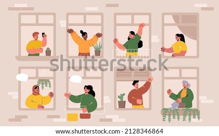 People in windows, multiracial neighbors men and women in their apartments, characters spend time with gadgets, greeting each other, care of plants, dance and waving hands Line art vector illustration