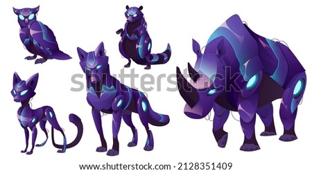 Robots animals robotics mechanical monsters. Cyborgs pets owl, raccoon, fox, wolf and rhino with glowing eyes, wires and mechanical body. Cartoon artificial intelligence electronic machines Vector set