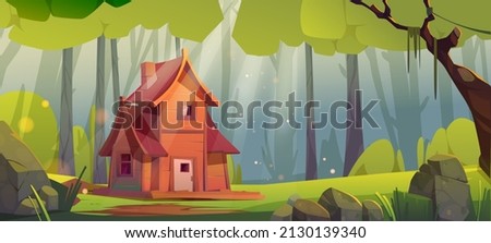 Wooden house in summer forest. Old shack, uninhabited forester or witch hut in deep wood with falling sun beams among green trees and rocks around, pc game background, Cartoon vector illustration