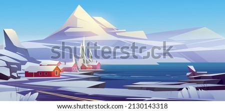 Nordic landscape with white mountains, car road and village on lake shore. Vector cartoon illustration of scandinavian nature scene with snowy rocks, fir trees, river and red houses