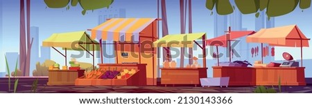 Local food market with wooden stalls with honey, vegetables, meat, fish and cheese. Vector cartoon summer landscape with street marketplace with farm produce on kiosks counters
