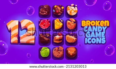 Broken candy game icons, cartoon crushed sweets with bites and crumbles. Chocolate truffle, dragee, praline, caramel, lollipop, toffee, cake, sandwich cookie and lemon slice, ui vector elements set Stockfoto © 