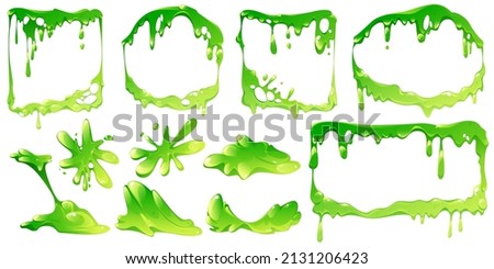 Green slime frames and elements isolated vector set. Liquid toxic ooze borders square, rectangle and round shapes with blobs and dripping. Sticky goo, jelly or syrup fluid splats, Cartoon illustration