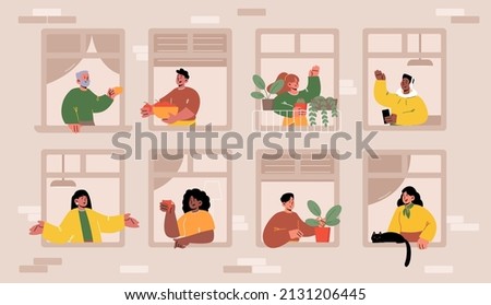 House facade with people in windows with coffee, cat and plants. Concept of good neighbors, positive neighborhood communication. Vector flat illustration of girls talking, people greeting each other