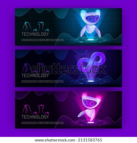 Ai technology futuristic cartoon banners with artificial intelligence robot at neon glowing hud technological background with infinity symbol. Cyborg or droid, robotics and automation Vector concept