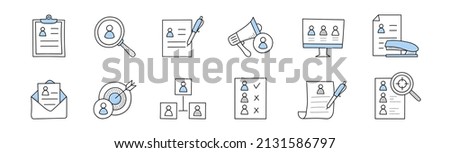 Hr doodle business icons, cv on clipboard, magnifier with candidate profile, pen filling resume, computer monitor with applicants, paper and stapler, envelope, network, Line art vector illustration