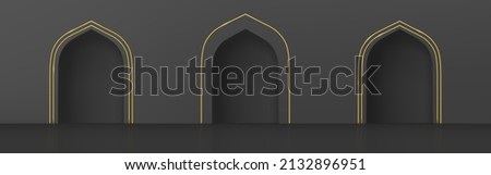 Arches in islamic style, interior gates with gold decoration in black wall. Mosque, palace or castle archway frames, portal entrance, antique doorways or niches, Realistic 3d vector illustration, set