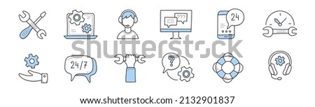 Customer support doodle icons crossed wrench and screwdriver, laptop with gears on screen, operator in headset, smartphone and pc with speech bubbles, life buoy, hand, Line art vector illustration