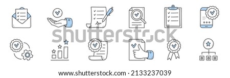 Quality control icons. Doodle symbols of product guarantee, compliance and verification. Vector hand drawn set of signs with checklist, document with check mark, certificate, phone and graph