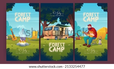 Forest camp cartoon invitation posters. Man tourist playing guitar on mountain landscape background with tent, campfire and Rv caravan. Summer camping, leisure, vacation hiking trip, Vector ads flyers