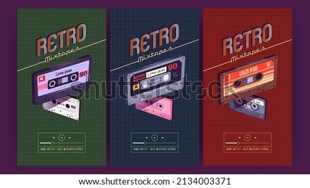 Retro mixtapes posters with old audio cassettes. Vector vertical ad banners with flat illustration of vintage audio tapes, stereo cassettes with pop and rock music of 80s and 90s