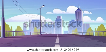 City skyline view from bridge, metropolis cityscape. Street lamps and railings along two-lane road, skyscraper buildings, urban architecture. House towers under cloudy sky, Cartoon vector illustration