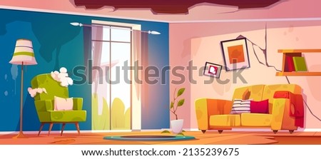 Abandoned living room interior, neglected apartment with cracked wall, holes in ceiling or floor, old broken furniture, deserted home or hotel after war or natural disaster Cartoon vector illustration