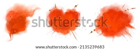 Splashes of red pepper powder and cut pieces. Vector realistic illustration with explosion of ground paprika and chilli pepper seasoning. Set of hot dried spice scatter