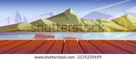 Mountain nature landscape with pond or lake, scenery view from wooden pier. Tranquil background green snowy rock peaks and calm clear water under blue sky natural 2d scene, Cartoon vector illustration Foto d'archivio © 