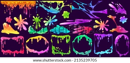 Colorful slime frames, splashes, spots and elements isolated vector set. Liquid toxic ooze borders with blobs and dripping. Bright vibrant sticky goo, jelly or syrup fluid splats, Cartoon illustration