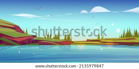 Summer nature landscape with lake, green grass on rocks and conifers trees. Scenery pond with blue clear water and spruces under blue sky with clouds and flying birds, Cartoon vector background 商業照片 © 