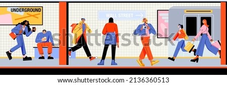 People at subway platform with train leaving metro station. Passengers stand, walk or sit at underground tunnel. Tourists and citizen characters use urban public transport Line art vector illustration