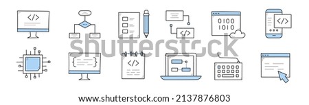 Coding and programming doodle icons set. Computer with code on screen, algorithm scheme, mobile phone, microcircuit chip, laptop, keyboard, desktop with arrow pointer, Line art vector illustration