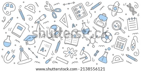 School and science doodle background with education signs. Line art vector protractor, globe, test. Pencil, backpack and chemical beakers, paints, palette, academic cap, compass, cells and abacus