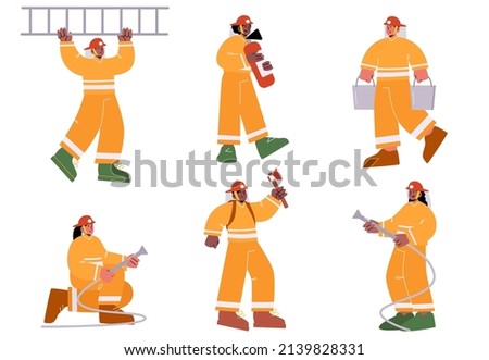 Firemen brigade with extinguisher, water hose, ladder, ax and buckets. Vector flat illustration of group of men and women professional firefighters in helmet and safety costume