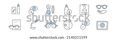 Set of optometry, eye check, health care doodle icons. Medical sight test, laser surgery, glasses, solution and and eyedropper. Optician board, oculist chart and equipment Line art vector illustration