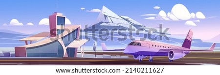 Airport terminal and private jet on runway strip in winter. Vector cartoon illustration of nordic landscape with small airport building, plane on landing field, snow, and mountains