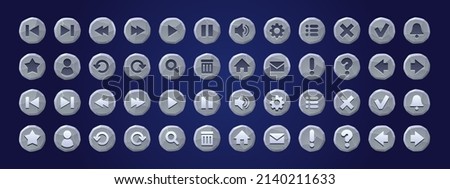 Stone texture buttons for game or app interface, menu ui design elements set. User key arrow, gear, pause and notification bell, replay, zoom, settings, message, home page, question, star Vector icons