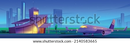 Airport terminal and private jet on runway strip at night. Vector cartoon illustration of landscape with small airport building, luxury plane for vip passengers on landing field, and city on skyline