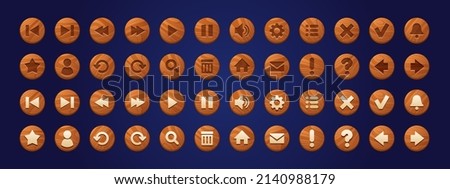 Wooden web buttons, round icons for game interface. Vector cartoon set of brown ui elements with wood texture. Circle buttons with signs isolated on background