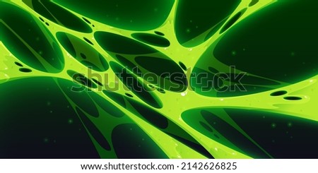 Slime background, green toxic stretches of ooze with holes and glow particles around. Mucus, creepy goo, sticky liquid snots on dark backdrop, radioactive Halloween design Cartoon vector illustration