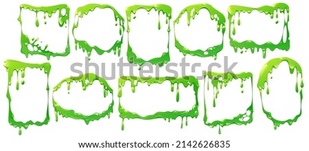 Frames of liquid green slime flows, dripping poison goo. Vector cartoon set of borders different shapes from fluid mucus drops and sticky ooze splatters isolated on white background