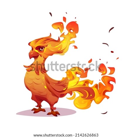 Beautiful phoenix, firebird character with orange burning feathers. Vector cartoon illustration of fairy tale fenix, mythology magic bird with fire isolated on white background
