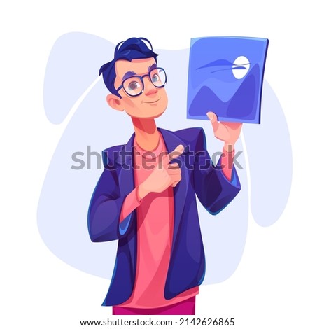 Illustrator or designer male character holding digital tablet in hand pointing on picture. Creative person develop painting project, man artist, graphic design profession, Cartoon vector illustration