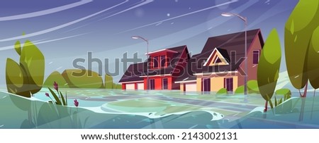 Flood in town, natural disaster with rain and storm at countryside area with flooded buildings. River water stream flow at city street with cottage houses, climate change Cartoon vector illustration
