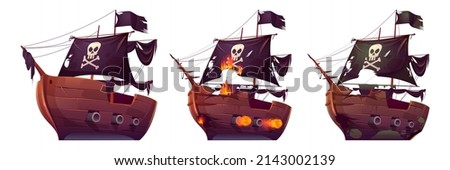 Pirate ships isolated on white background. Wooden boats with black sails, shooting cannon and jolly roger flag. Old and new battleship, barge after shipwreck and sea battle Cartoon Vector illustration