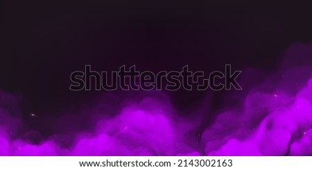 Purple powder clouds texture. Abstract effect of color mist or smog with glitter particles. Vector realistic illustration of violet steam, magic dust splash with sparkles on black background
