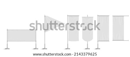 White vinyl banners, triangle flag and pennants on pole. Vector realistic mockup of blank fabric promotion posters, advertising textile banners hanging on metal frame and stand ストックフォト © 