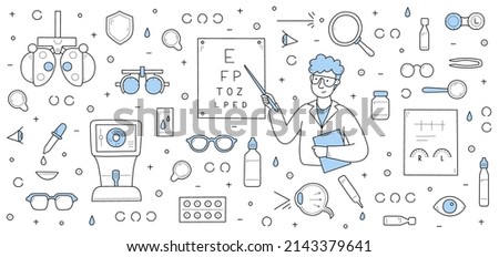 Ophthalmology background with doctor ophthalmologist check vision with eye test chart. Vector hand drawn illustration of man optometrist, glasses, drops and machines for eyesight medical exam