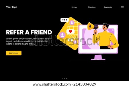 Refer friend banner. Business strategy of affiliate program, referral marketing. Vector night mode of landing page with flat illustration of man with megaphone on computer screen