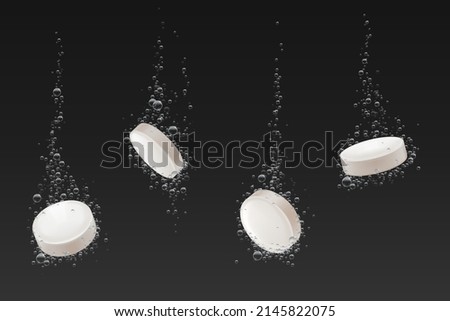 Soluble pills with fizz air bubbles trail in water. Effervescent falling aspirin tablets, vitamin C, headache pharmaceutical remedy drugs isolated on black background. Realistic 3d vector illustration