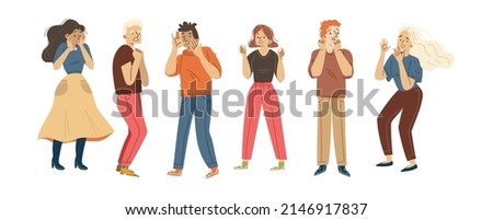 People afraid, terrified, in panic. Men and women characters with scared face expression. Vector flat illustration of group of person in shock, stress, frightened, nervous, and startled Сток-фото © 