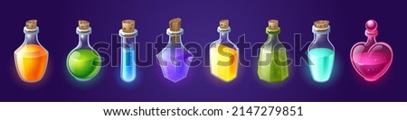 Potion bottles with magic elixir, cartoon glass flasks with colorful glowing liquid and corkwood plugs. Witch poison gui or ui game assets, alchemist apothecary vials, Vector illustration, icons set