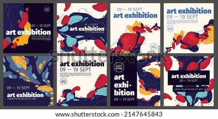 Art exhibition banners with abstract paint blobs. Vector square posters for social media of museum or gallery exhibition with trendy creative design with colorful painting