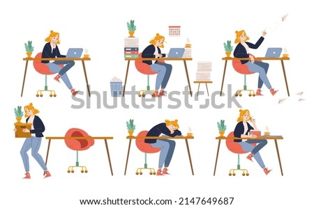 Employee character work with laptop in office. Concept of procrastination, deadline, dismissal. Vector flat illustration of workplace with woman busy, lazy, sleeping, eating, and fired